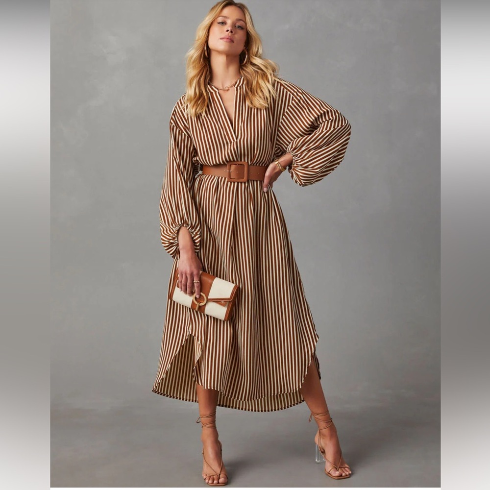 DiMarco Striped Brown and White Belted Midi Dress - Picture 2 of 6